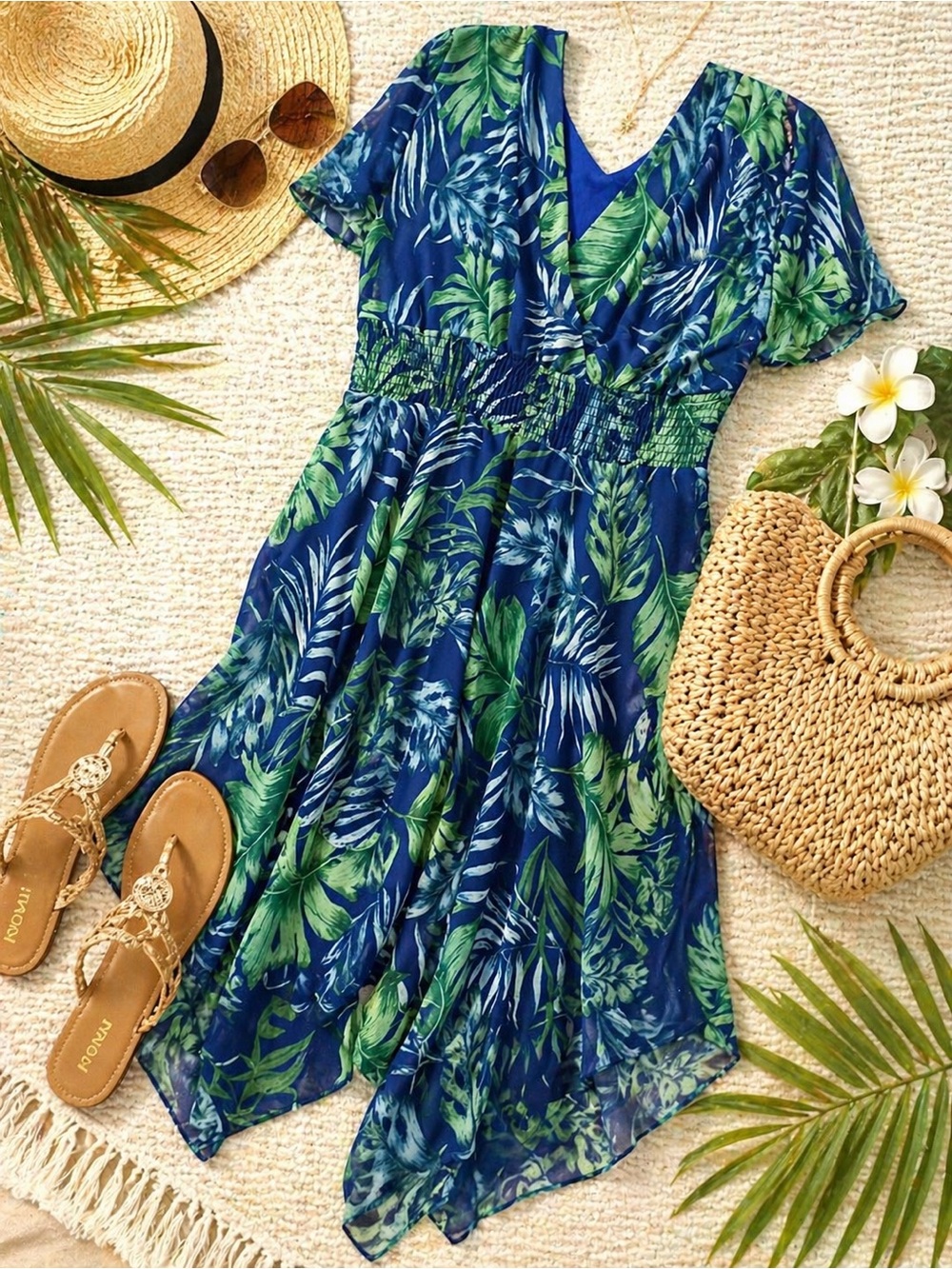 Rabbit Rabbit Rabbit Tropical Leaf Handkerchief Hem Dress Medium Blue Green - Picture 8 of 8